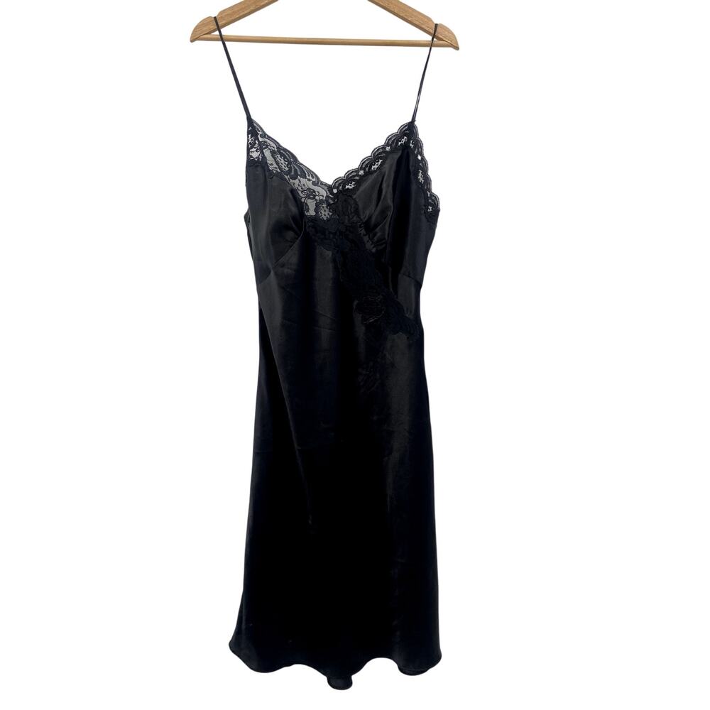 Vintage Gold Label Victoria's Secret Black Satin Lace Maxi Slip Dress